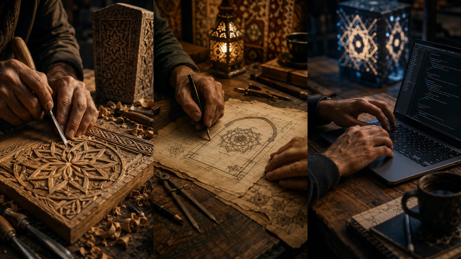 Three pairs of hands: carving a rosette, drawing an arch, writing code