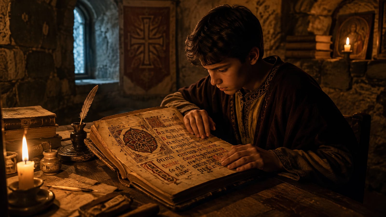 A boy reading an illuminated manuscript by candlelight